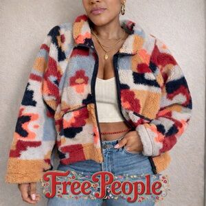 Free People Multicolor Teddy Jacket - Red, Blue, Orange, Cream, Black
